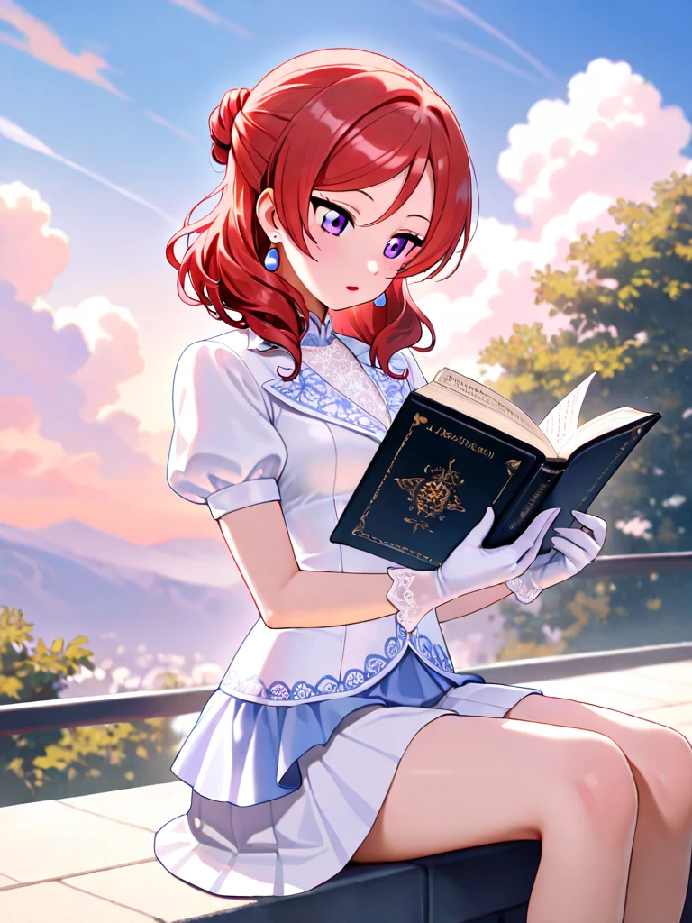 Perfect face. Perfect hands. A pink haired woman with violet eyes and an hourglass figure in a navy star covered dress is reading in the garden with a big smile