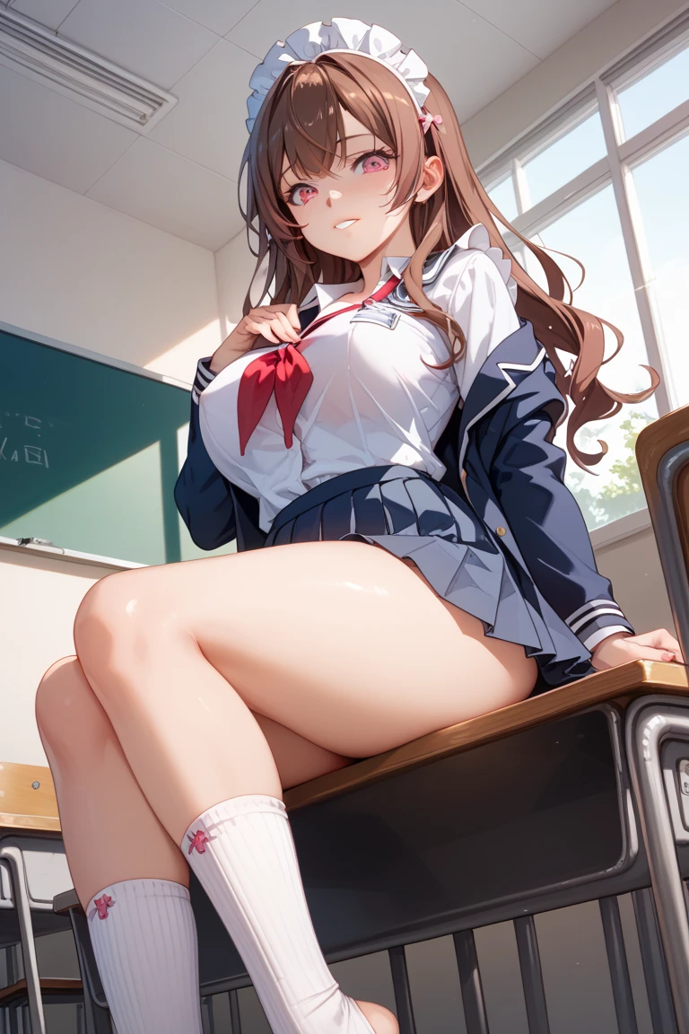 1 girl, underwear, skirt, alone, underwear, breast, classroom, shirt, bow, lexistg_hair, white_underwear, skirt_lift, exist室内, Smile, Open_clothing, bowtie, navel, watching_exist_audience, clothing_lift, white_shirt, table, School_uniform, blush, School_table, Bangs, Brown_hair, pleexisted_skirt, blackboard, No_OK, spread_leg, Brown_Eye, jacket, Red_bow, Open_shirt, lifted_go through_Own, closure_Mouth, Red_bowtie, collaRed_shirt, lexistg_sleeve, side lock, Moderate_breast, Dutch_angle, skirt_shirt, sitting, leave_Shoulder, 大leg, Open_jacket, Stomach, exist_table, suit, flashing, chair, Black_skirt,