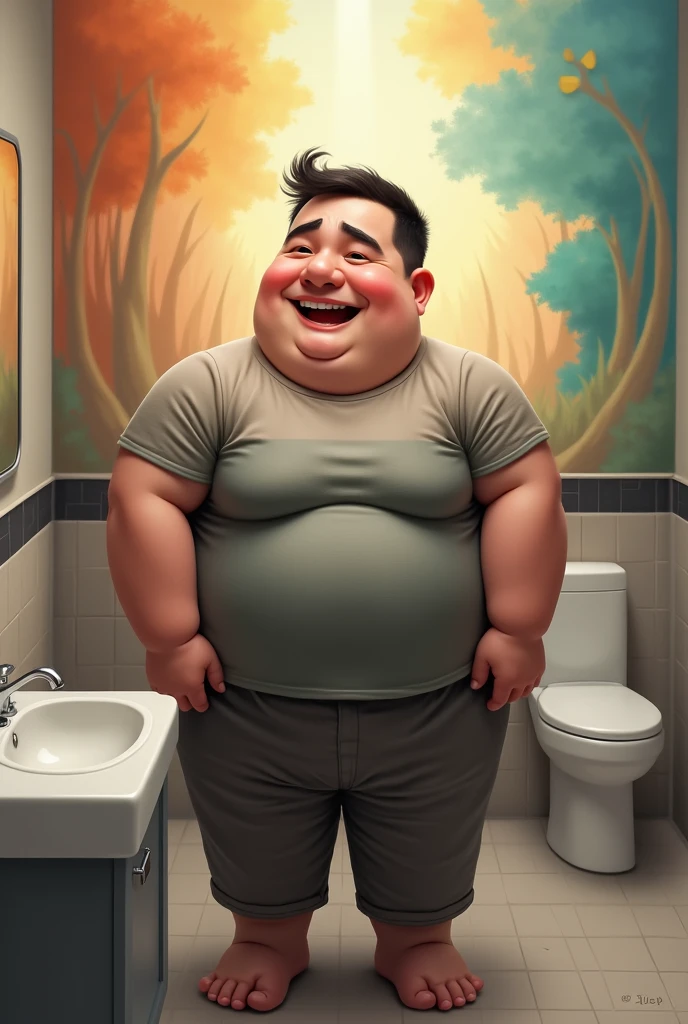 a cute chubby 4 man in the shower with bug bulge touching one hand touching his butt and the other touching his nipple
