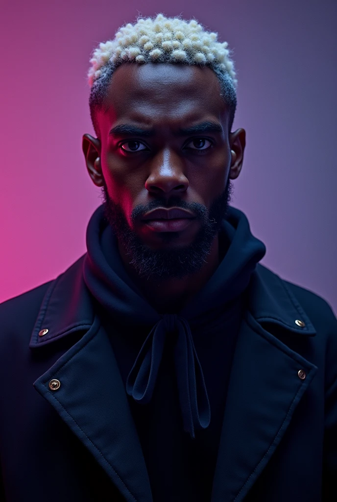 photograph of, 1man, <lora:rhyheimsv3:1> rhyheims, black man, dark skin, facial hair, bald, portrait, best quality, 4K, masterpiece, detailed, intricate, blue and purple and pink, perfect anatomy, by professional artist, realistic,
<lora:add_detail:1>, purple shirt, bisexual neon lighting,