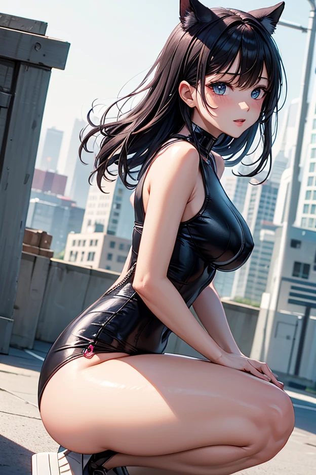 ((perfect anatomy:1.2,realistic:1.4,RAW Photography:1.4,masterpiece、highest quality、Ultra - High resolution、High resolution、Highly detailed CG、8K)))cowboy shot,1 female,solo、18 year old beauty,Japanese,((beautiful detailed face and eyes:1.3,gorgeous eyes:1.3,gray eyes)),black hair,long hair,straight hair,ponytail hair,blunt bangs,blush,Painful expression、open mouth,(medium breasts,slender body,small head:1.2,skinny),(gleaming skin:1.4,oily skin:1.5,shiny skin,sweat:1.5)、((Bruises from being beaten a lot:1.6),(Torn clothing、nipples,navel、Black leotard、turtleneck、Sleeveless,barefoot、black sneaker shoes、Black leather gloves),lying、spread legs:1.5,at night、High-rise buildings、rooftop、moonlight、