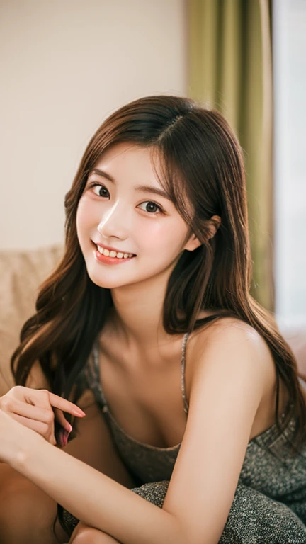masterpiece、highest quality、High resolution、table top、wallpaper、realistic、bright lighting、professional lighting、face light、smooth lighting、japanese woman、adult、Beautiful woman、action、gravure、sexy、poor、super beautiful、beautiful skin、beautiful and detailed eyes、detailed face、slim、moderately,medium long hair、slightly dark brown hair、black eyes、look at the camera、just a little smile