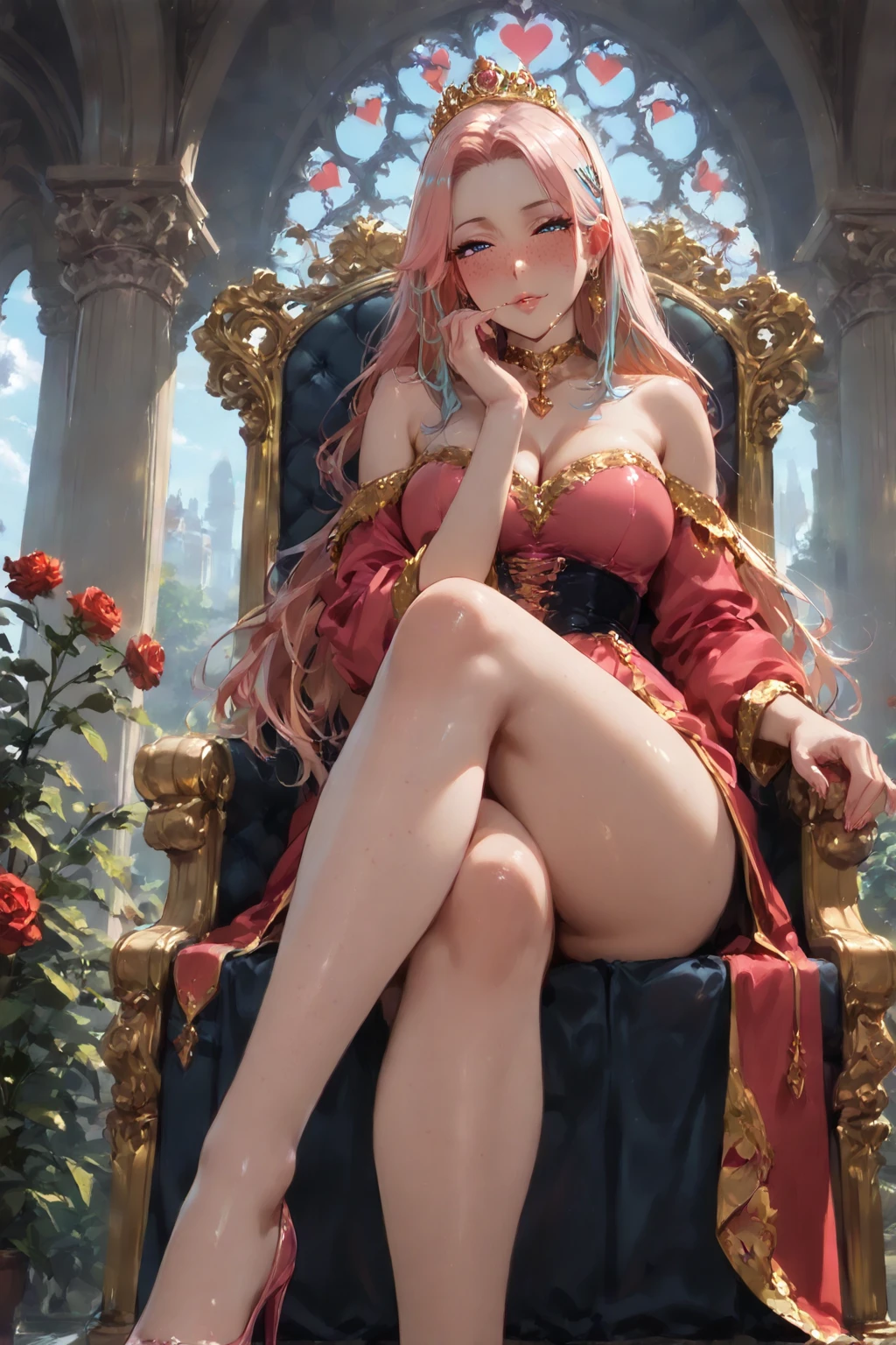 nsfw,Beautiful girl, big eyes, long afro pink hair, royal dress, best quality, ultra HD, charming, smiling at the viewer, Indian, fair skin, (royal saree draped under shoulder), golden jewellery, diamond necklace, (saree draped under shoulder) , inside, throne room, stand up near to the throne, jewelry crown, medium breast, from front ,full body, night, light of candles