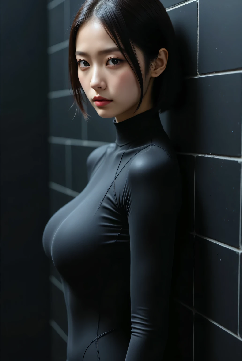 Highest quality, high resolution, masterpiece, colorful to keep.
Super beautiful Japanese woman, looks like a intimidating dominatrix, closed mouth, condescending gaze, staring at the viewer, makeup, long false eyelashes, eyeshadows, eyeliners, short haley bob, big breasts.
Her breasts are large even under the pressure of a wetsuit.
Bath room, black wall, pink neon tube.