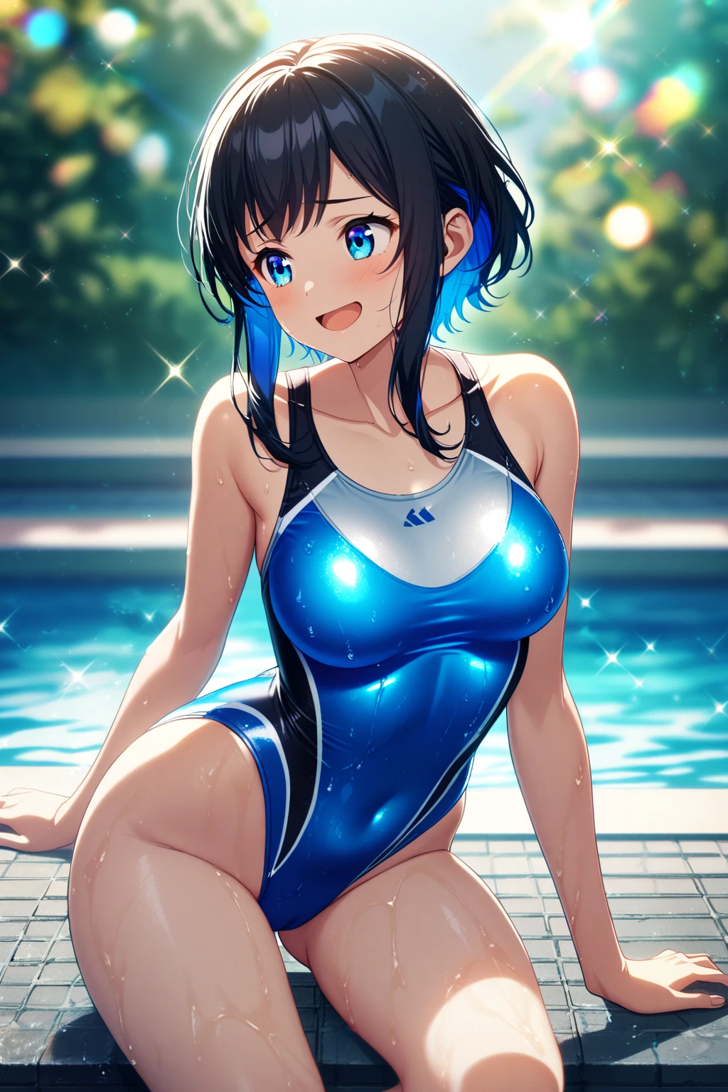 (high quality, 8k, 4K, High Contrast, masterpiece:1.2, 最high quality, Best aesthetics), , Very detailed, Seductive and erotic girl, Age 25,false smile, Forced smile,Shadowy Face,blush,Embarrassed,(Big Breasts, ), Focus on the face, Small face,Complex eyes,, laced , Poolside,Pause waiting for insertion, Black Hair,Spatz-type competitive swimsuit,Toned Body,muscle質、muscle,Gatai is good,Muscular,Shortcuts