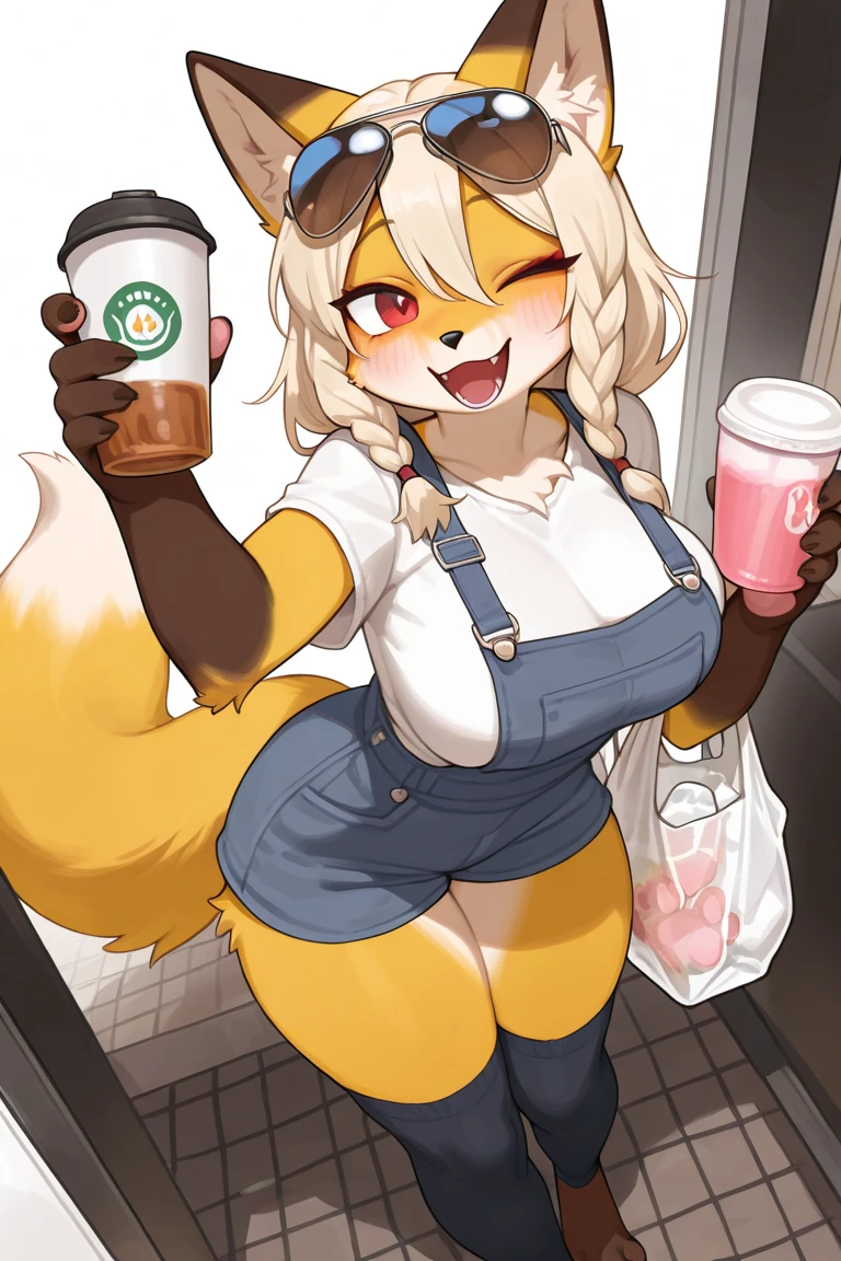 _asura style, 1girl, breasts, animal_ears, tail, solo, large_breasts, mole_on_breast, long_hair, brown_hair, pantyhose, mole, glasses, shirt, cleavage, underwear, fox_ears, fox_tail, coffee, cup, white_shirt, thighband_pantyhose, bra, animal_ear_fluff, bangs, long_sleeves, collared_shirt, holding, fox_girl, black_pantyhose, panties