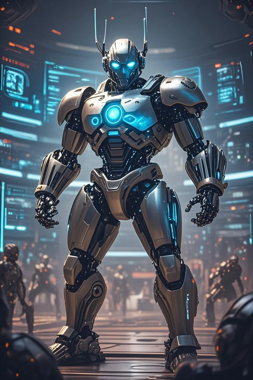 A futuristic and artistic representation of Atlas, reimagined as an AI robot, holding the Earth in the palm of his hand. This version of Atlas combines the traditional Greek mythological Titan with modern technology. He is depicted with a blend of muscular anatomy and cybernetic enhancements, showcasing both strength and advanced technology. The Earth, a beautifully detailed globe, rests on his mechanically enhanced shoulders. The background is a starry sky, symbolizing the cosmos. This image merges the essence of ancient mythology with futuristic technology, focusing on the majesty and power of Atlas as an AI cyborg, as well as the intricate beauty of the Earth.
