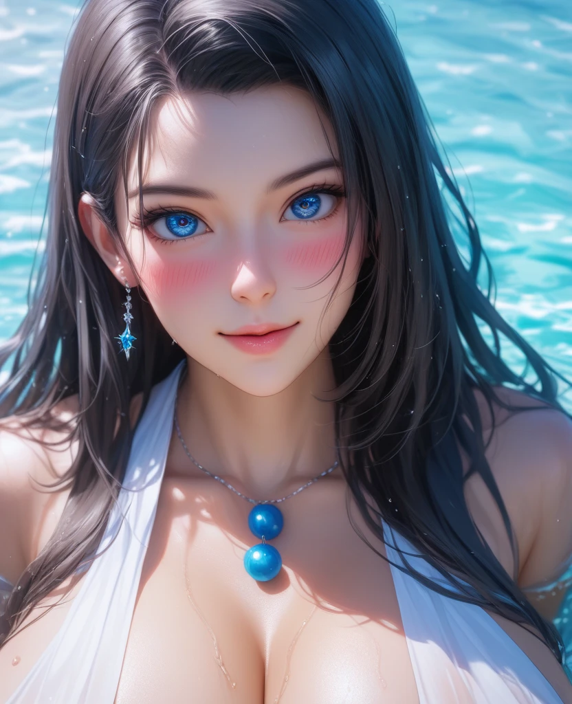 (((完美shape,shape,alone, (((Calvin Klein gray underwear、necklace、Snake piercing))),(((sauce_anime, Boa Hancock, Black Hair, blue eyes, Long Hair,、 amount, Large Breasts))),((masterpiece))、High resolution。 ((Best quality at best)),masterpiece,quality,Best quality,(((Perfect looks、Detailed face、Detailed eyes、Exquisite facial features,Looking away、There is light in the eyes,(((shame、Sweating profusely、Numerous water droplets all over the body、I'm embarrassed and my face is red、Ahegao))),))),型shape:1.7))),(((Cinematic lighting、Huge breasts))),(((Top view,Cowboy Shot、The background is a single pastel color)))、(nsfw:1.7)、There is a in the panties、My body is trembling、Blue electric effect
