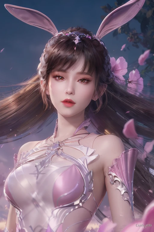 (1girl:1.3), Solo, __body-parts__, Official Art, Unity 8k Wallpaper, Ultra Detailed, Beautiful and Aesthetic, Masterpiece, Best Quality, RAW, Super Fine Photo, Best Quality, Ultra High Resolution, Photorealistic Photorealism, Sunlight, Full Body Portrait, Amazing Beauty, Delicate Face, Vibrant Eyes, (From the Front), Detailed Face, Gorgeous, Highly Detailed Skin, Realistic Skin Details, Visible Pores, Sharp Focus, Volume Fog, 8K uhd, DSLR, high quality, film grain, fair skin, photo realism, brunette hair, brunette hair, breasts, open eyes, split sleeves, skinny, transparent, pink, dress, transparent panties, pink, twisted braid, long braid, jewelry, gold accessories, gorgeous accessories, complex, delicate lips, long hair, medium breasts, outdoor, closed lips, petals, peach blossoms, rabbit ears, pink rabbit ears, standing, dynamic pose, upper body