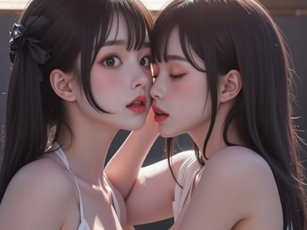 here is a close up of 2 kissing females, they hugging each other and passionaly kissing in the rose garden, (ultra high quality fantasy art, dafk fantasy style, masterpiece, ultra highquality character design, 8k quality anime art, realistic anime art, top quality wallpaper illustration, detailed ultra high quality acurate face, highquality design and acurate physic)