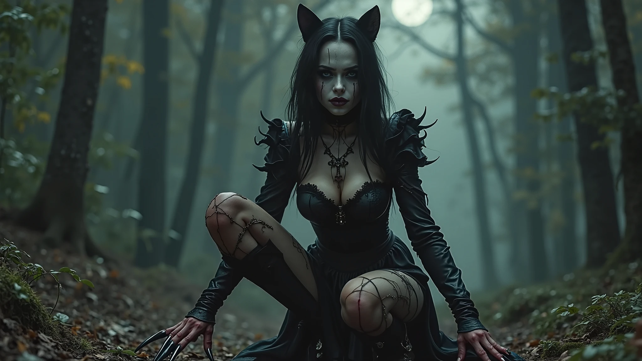 ((Masterpiece)), (high resolution:1.4), (sitting on a grave:1.5), morrigan aensland, looking at viewer, beautifull smile, graveyard at night background, dark casttle outside, beautiful face, highly detailed skin, skin pores,(highly detailed face:1.1), (highly detailed eyes:1.1), realistic pupils, full face blush, full lips, (perfect anatomy:1.1), (perfect proportions:1.1), (photography:1.1), (photorealistic:1.1), volumetric lighting, dynamic lighting, real shadows, (highres:1.1), sharp focus, rembrandt lighting, (realistic, hyperrealistic:1.4), intricate, high detail, dramatic, subsurface scattering, big depth of field, vivid, polished, sharpened, ((full Sharp)), (extremely absurdres),16k hdr,
