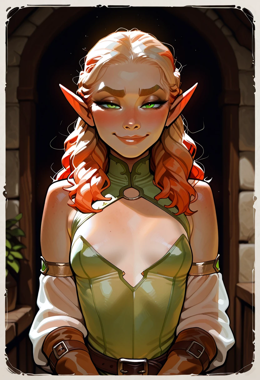 Gorgeous redhead in foil costume with elf ears looking forward with seductive look