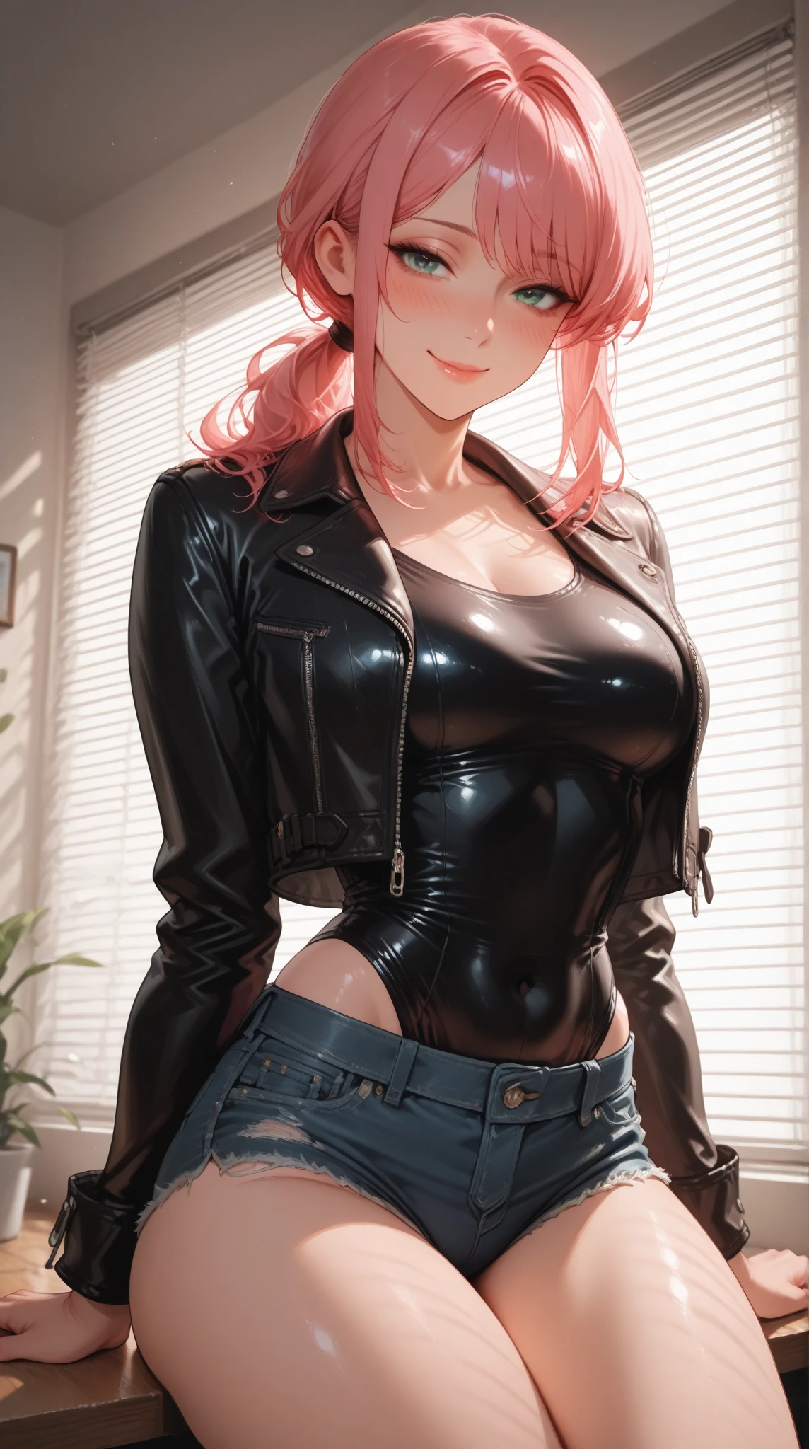 Leather jacket over swimsuit　girl with　a smile　Pink hair　huge tit　top-quality　​masterpiece　超A high resolution　beautiful a girl