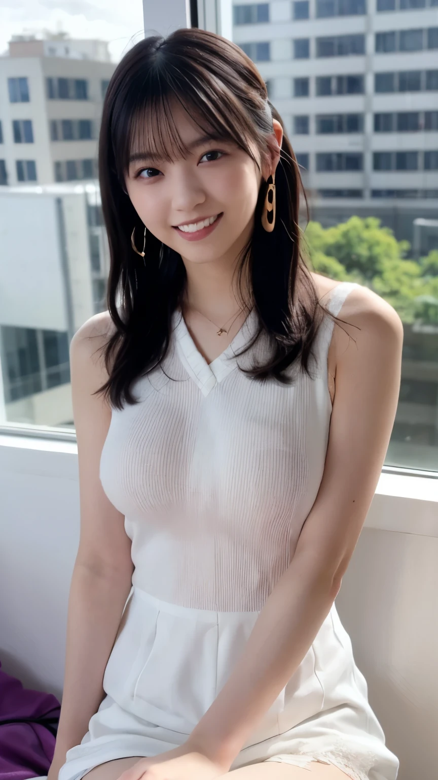 1 Japanese beauty , depth off field, first-person view, f/1.8, 135mm, Nikon, ultra high definition, retina, masterpiece, accurate, anatomically correct, textured skin,Very white skin、 clear skin 、 Super Detail, high detail, high quality, Best Quality, high definition, 1080P, high definition, 8k, (big boob:1.6),Japanese beauty 1 person,((((A glamorous woman with striking dark eyeshadow in rich plum shades, high-contrast studio lighting creating a moody effect))))、 (she has heterochromia, and her eyes are different colors, which makes her incredibly captivating)、(Drunken Blush Makeup)、round face、She is smiling very happily、she is smiling with squinty eyes、INSANELY BEST SMILE、she is smiling with her mouth open、Her front teeth are neatly arranged、(she has cute little vampire fangs)、(Braided Top Knot,twisted side part ponytail、Braided Headband,half up、Braided Space Bang,voluminous fishtail braid,Twisty Bang)、(She is wearing a Collared blouse with v-neck(white:1.5))、break、(She's wearing a see-through panties)、She is in an IT firm's office at sunset、break,She is sitting in a window seat、I can see a skyscraper city out the window