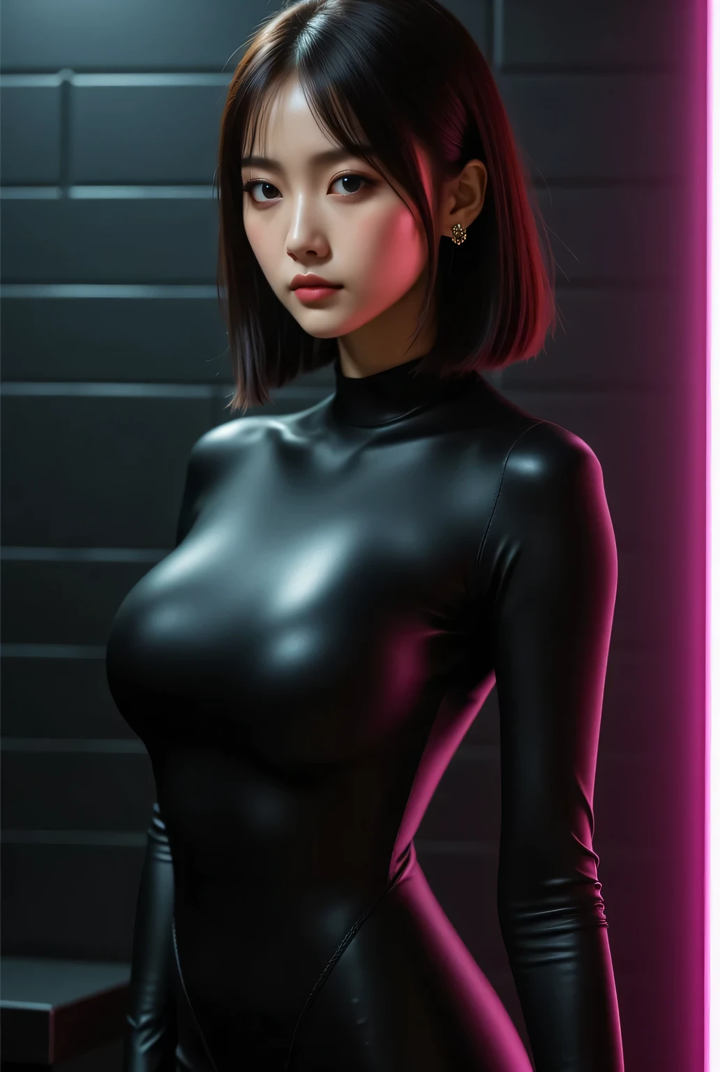 Highest quality, high resolution, masterpiece, colorful to keep.
Super beautiful Japanese woman, looks like a intimidating dominatrix, closed mouth, condescending gaze, staring at the viewer, makeup, long false eyelashes, eyeshadows, eyeliners, very short blunt bob, big breasts.
Her breasts are large even under the pressure of a wetsuit.
Bath room, black wall, pink neon tube.