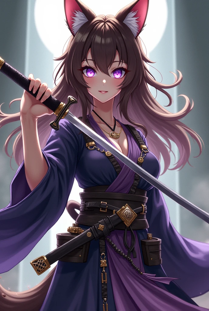 brown hair、Waist-length hair、Blue Eyes、Beautiful eyes、Delicate Eyes、Droopy eyes、Pink Lips、Purple Lateard、Female ninja、Fishnet tights、Black Gauntlet、Tabi shoes、Ninja sword
