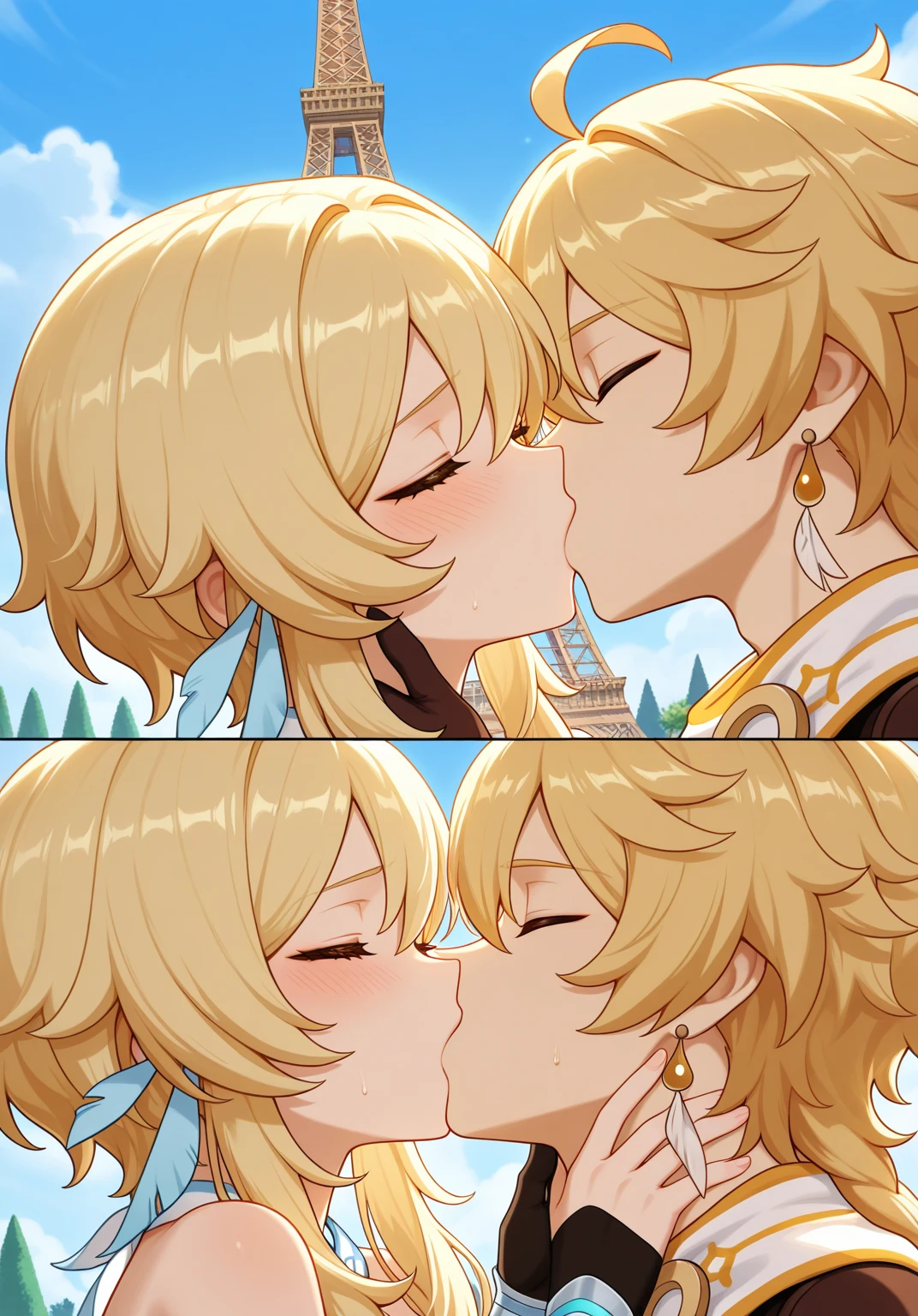 score_9, score_8_up, score_7_up, score_6_up, source_anime, BREAK by ikuchan kaoru, iku, clean color, flat color, 2boys, 1girl, cooperative fellatio, aether genshin impact, lumine genshin impact, aether and lumine, gay, gigantic penis, enormous penis, outdoors, in Forest, brother and sister, siblings