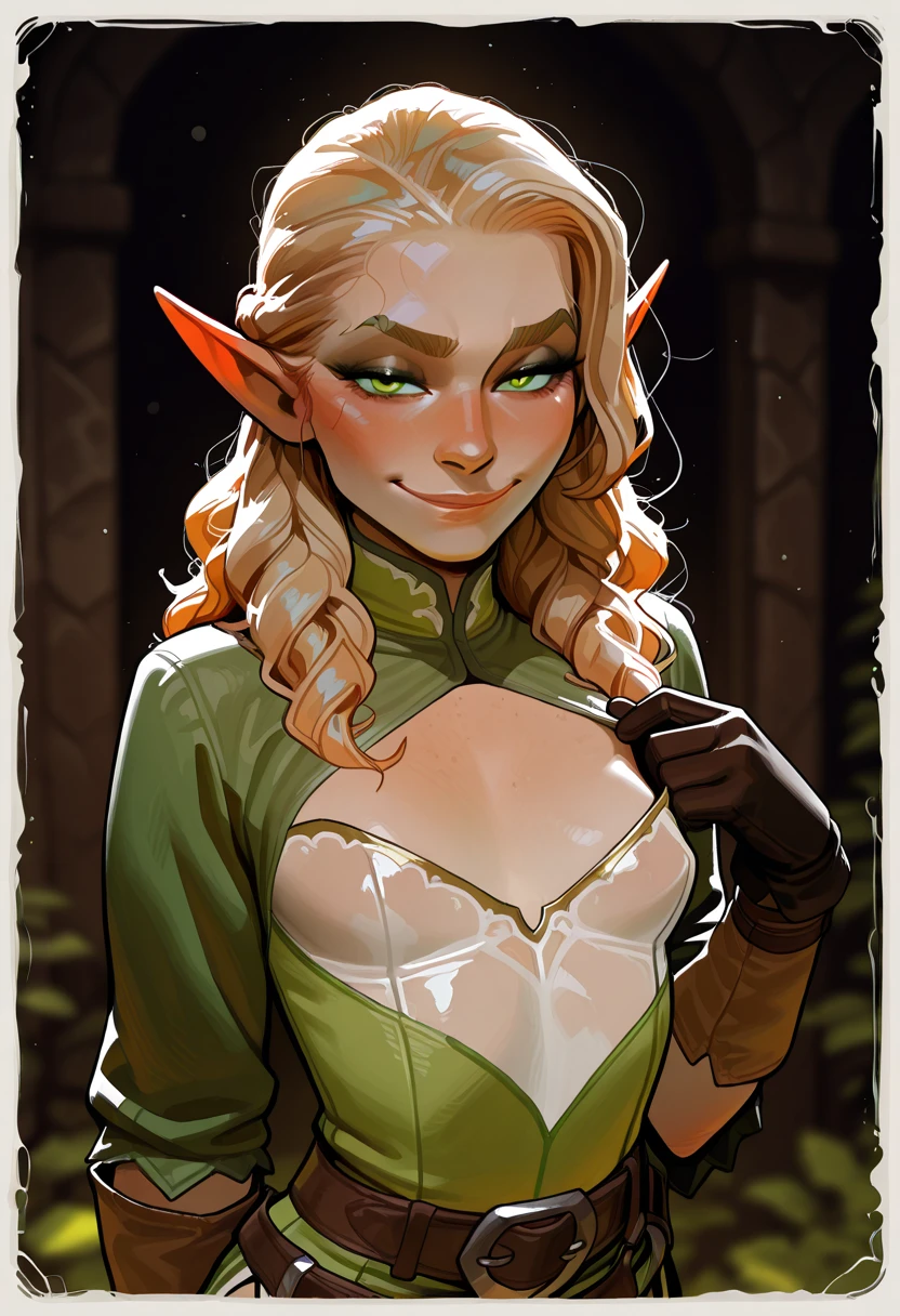 create a female wood elf character. with blonde hair and antlers wielding a bow. her clothes should be green https://lexica.art/prompt/11ef172e-e48b-4262-a25b-a002e811d996
