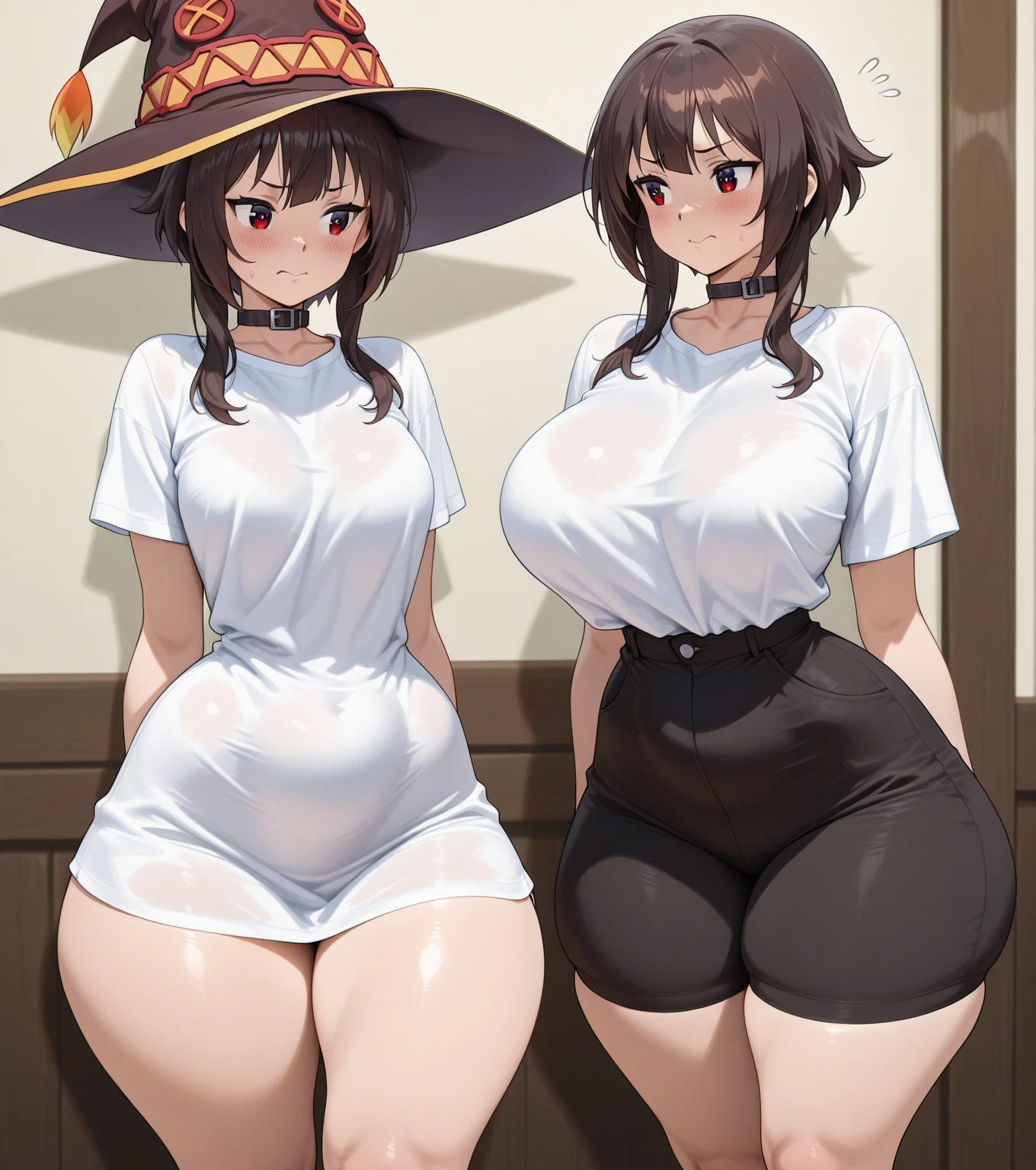 ((2heads:1.5)),1man,masterpiece, 40 years old, best quality, tsharuna, green ((2heads)),skin, no facial hair, no body hair, wide shoulders, chubby, speedo,((big bulge)),crop top, sarong, torn clothes, bare shoulders, large breasts, full body, primitive village, forest, looking at viewer, walking pose, white skin, talking, long flowing brown hair, short unkempt blonde hair, blue eyes, brown eyes, holding a staff
