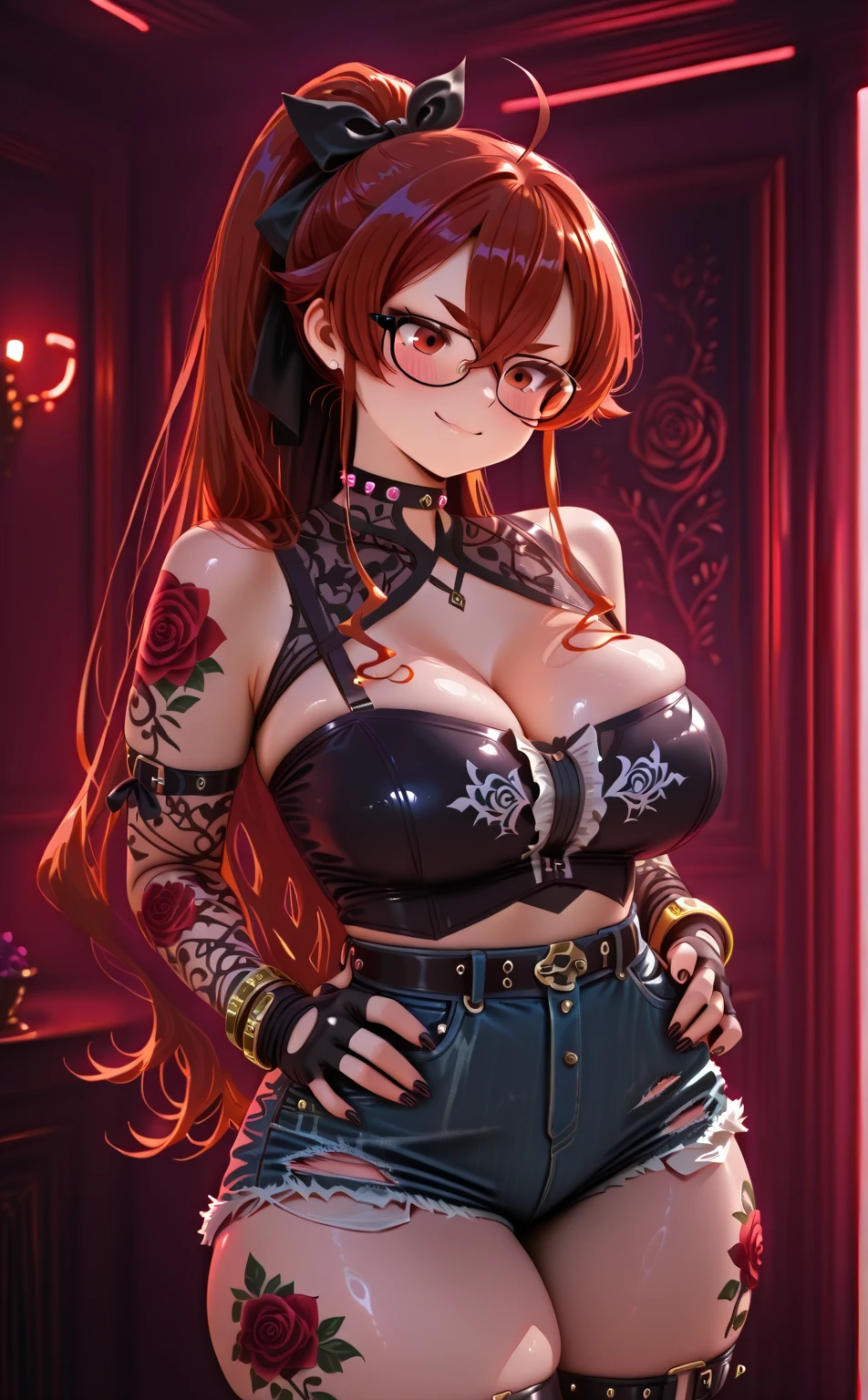 araffe sitting on a couch with a red hair and glasses, seductive anime girl, red bra, red and black, beautiful alluring anime woman, thicc, black and red, 2b, 2 b, 8k high quality detailed art, akihiko yoshida. unreal engine, pixiv 3dcg, anya from spy x family, | fine detail anime