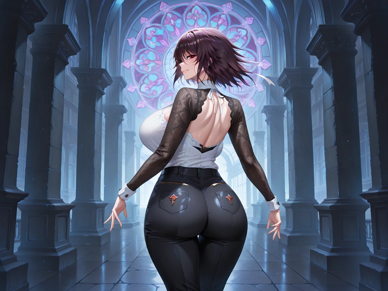 (masterpiece、top-quality、hight resolution), Create an image of a woman showing her back with a large tattoo covering it to a man who just confessed his love to her. The scene is set in a dark room with a spotlight on the woman's back, highlighting the intricate tattoo. The woman's expression should convey a mix of regret and sternness as she says, "You shouldn't fall in love with a woman like me, ???." The perspective is from the man's viewpoint, capturing the woman's back and the dark, ominous room.