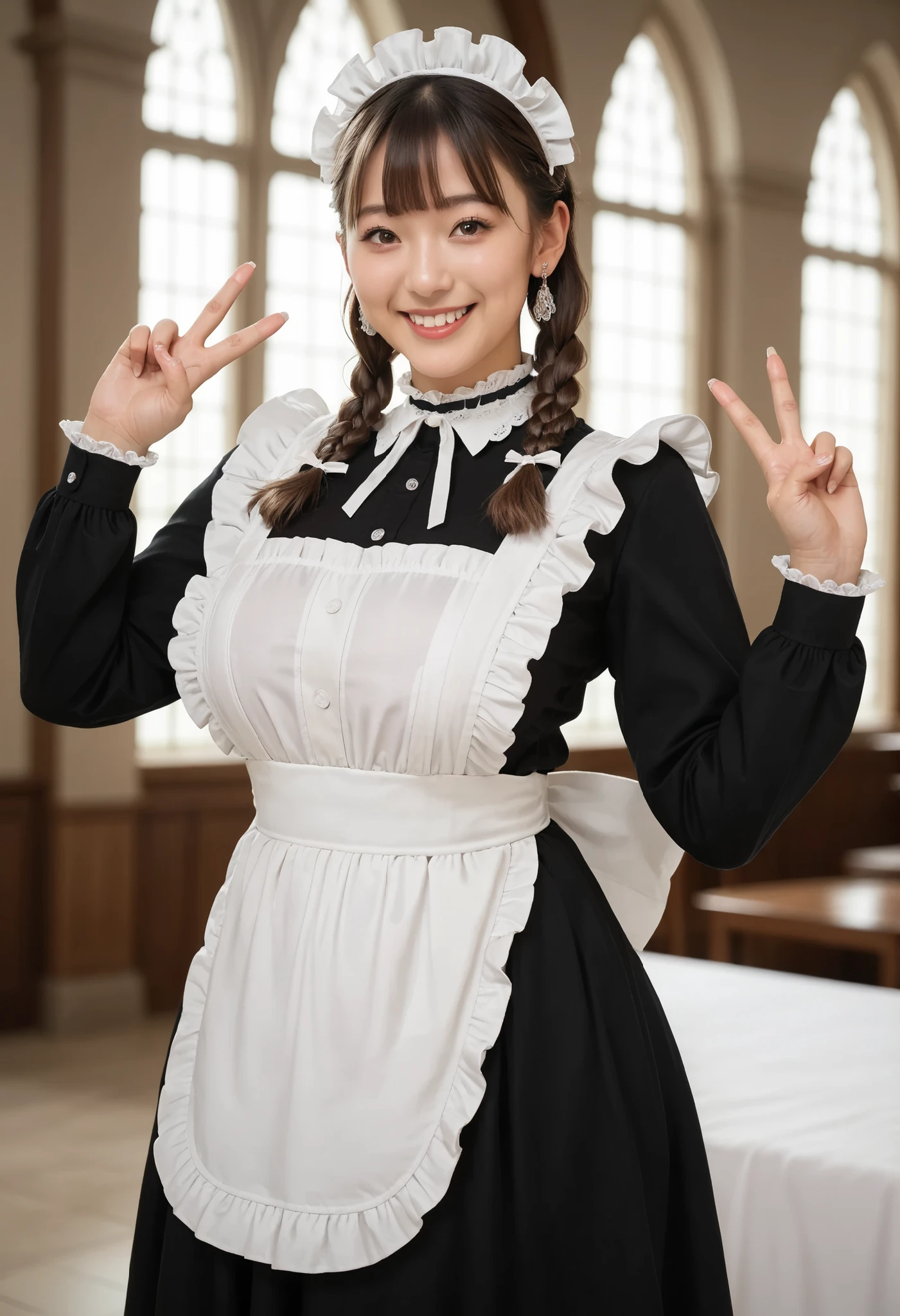 Score_9, Score_8_up, Score_7_up, Score_6_up, Score_5_up, Score_4_up, Source_real, Tag1, Tag2, Anatomically correct, realistic, 1 woman, 22 years old woman, beautiful woman, Highly detailed beautiful face and eyes, Detailed skin, (natural saggy big breast:1.2), big ass, thick thighs, wide hips, curvy, (oiled body:1.1), cute type, smile, (braids hair with bangs), (Cute ocean maid outfit, white maid headdress, black shirt, black skirt, white frill apron, black ruffled choker, earrings), peace fingers, Summer season atmosphere, Being in the castle,