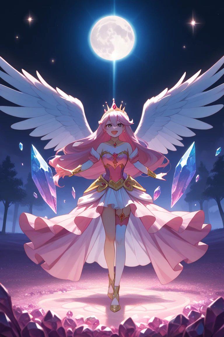 Anime Woman,Sister model,beautiful,elegant,Let your hair down to the floor with pink hair.,Purple-pink eyes in hexagonal star shape,White dress with floor-length skirt,Wear a long-sleeved gold dress,White and gold dress,Wear a gold star necklace,wearing gold shoes,Wearing a golden crown with purple diamonds,Wearing luxurious clothes,Has luxurious white wings,Goddess figure holding a golden scepter,With a background of bright stars,Sitting on the throne