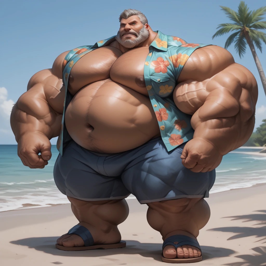 ((1boy)) big fat old man, shorts, fat, big belly, standing in beach
