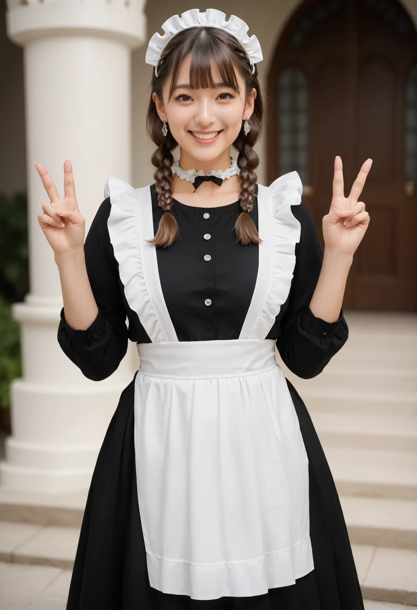 Score_9, Score_8_up, Score_7_up, Score_6_up, Score_5_up, Score_4_up, Source_real, Tag1, Tag2, Anatomically correct, realistic, 1 woman, 22 years old woman, beautiful woman, Highly detailed beautiful face and eyes, Detailed skin, (natural saggy big breast:1.2), big ass, thick thighs, wide hips, curvy, (oiled body:1.1), cute type, smile, (braids hair with bangs), (Cute ocean maid outfit, white maid headdress, black shirt, black skirt, white frill apron, black ruffled choker, earrings), peace fingers, Summer season atmosphere, Being in the castle,