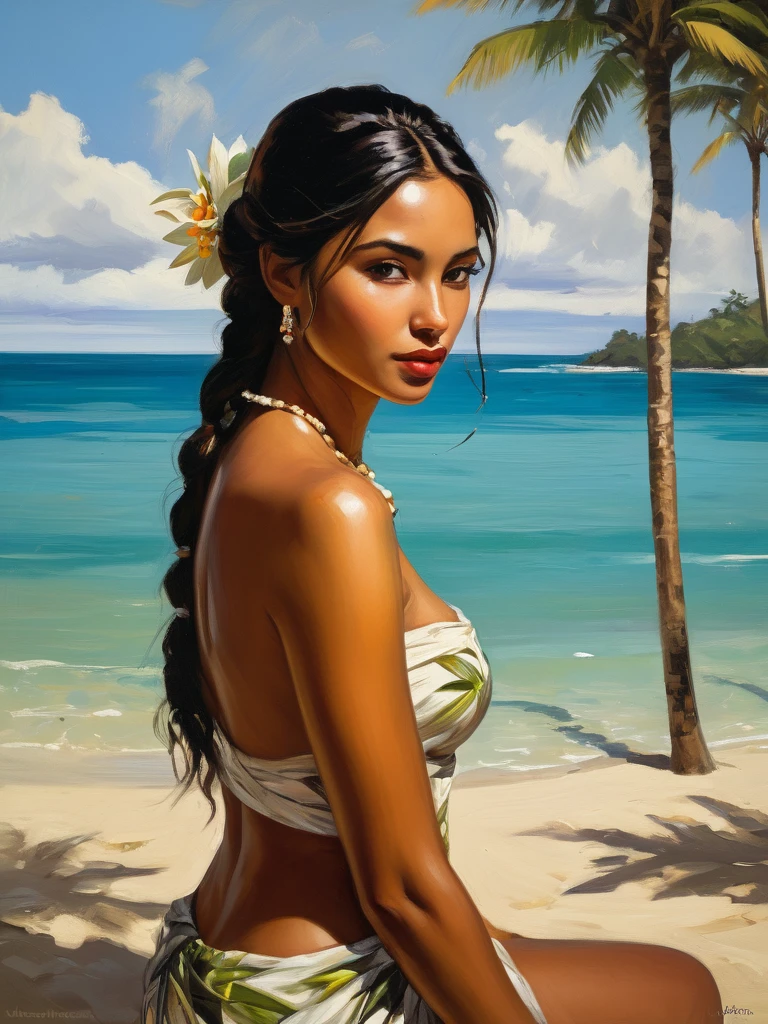 Oil painting of a Beautiful nude latina woman perfect body short straight brunette hair, studio lighting, beautiful outdoor paradise background