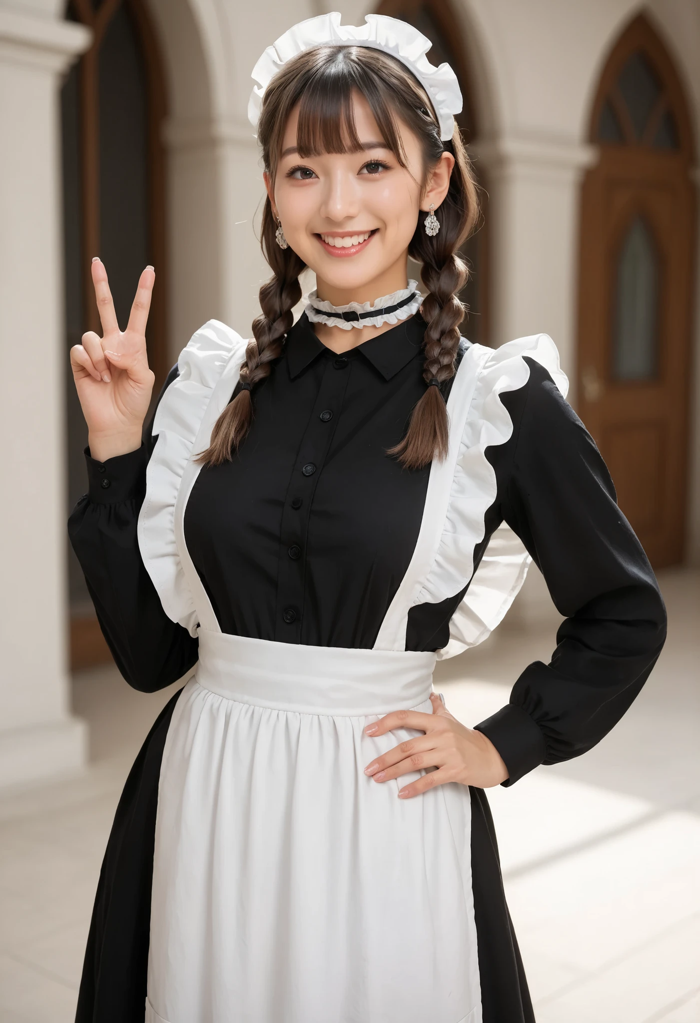 Score_9, Score_8_up, Score_7_up, Score_6_up, Score_5_up, Score_4_up, Source_real, Tag1, Tag2, Anatomically correct, realistic, 1 woman, 22 years old woman, beautiful woman, Highly detailed beautiful face and eyes, Detailed skin, (natural saggy big breast:1.2), big ass, thick thighs, wide hips, curvy, (oiled body:1.1), cute type, smile, (braids hair with bangs), (Cute ocean maid outfit, white maid headdress, black shirt, black skirt, white frill apron, black ruffled choker, earrings), peace fingers, one hand on hip, Summer season atmosphere, Being in the castle,