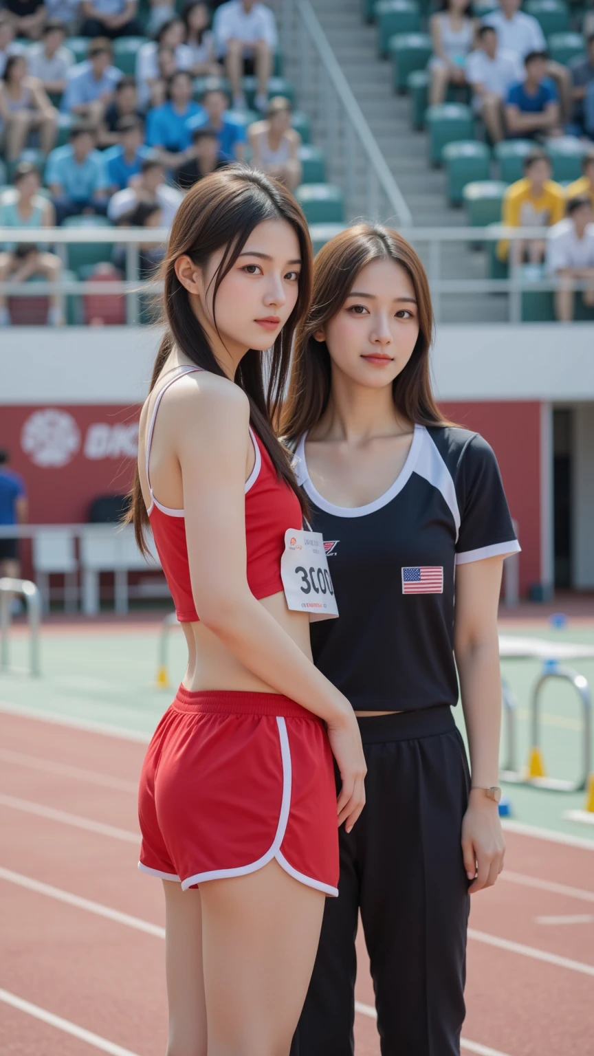 highest quality、naked、Japanese、girl、dark pubic hair、(roll up your own shirt)、show your chest、track and field uniform、sweaty、heavy breathing、、smile