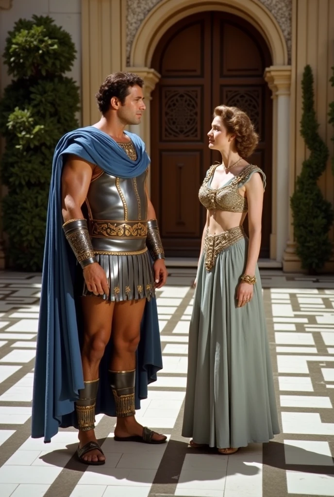 movie "Jason and the Argonauts" Atalanta with the face of a young Sigourney Weaver, dressed in silver armor, in the background black cliffs and waterfalls, vibrant colors, epic image