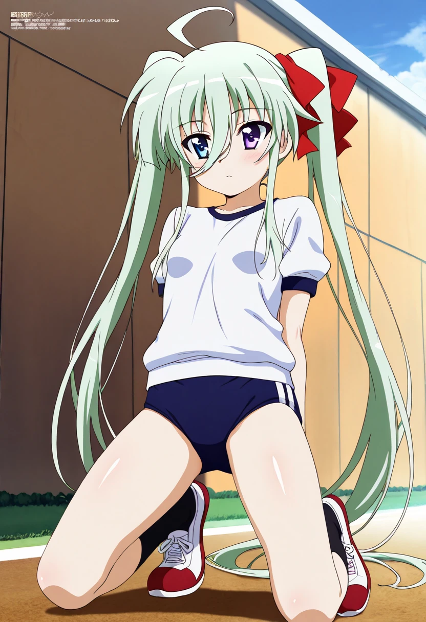loli,masterpiece, highest quality,highquality,HD,anime,small female,cute,pretty,kawaii,micro body,Green hair,Barefoot,slanted eyes,,ebony skin,m spread legs,arms behind