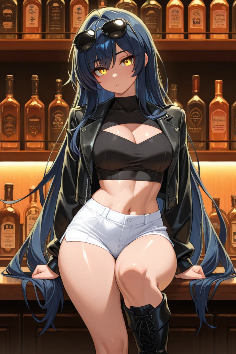 ((Seductive Anime Girl:1.2, 1 lady))、(((Being in night bar:1.3)))、​masterpiece, ultra-detailliert, 8k, Top image quality, digitial illustration, Sharp Focus, Smooth texture、high quality、ultra resolution、glossy realistic skin texture、shiny skin、((looking up at viewer:1.3))、(((open legs,:1.2)))、((arms behind head:1.3, armpits))、((bunny girl costume:1.3))、((cleavage:1.3))、((crop top navel))、((highleg:1.3))、((huge breasts:1.3))、((huge hip:1.3))、((thick thighs))、((cameltoe:1.3))、collarbone、((lightsmile, Open mouth:1.5, a sultry, in heat, blush, Seductive emotions, agitation)),  