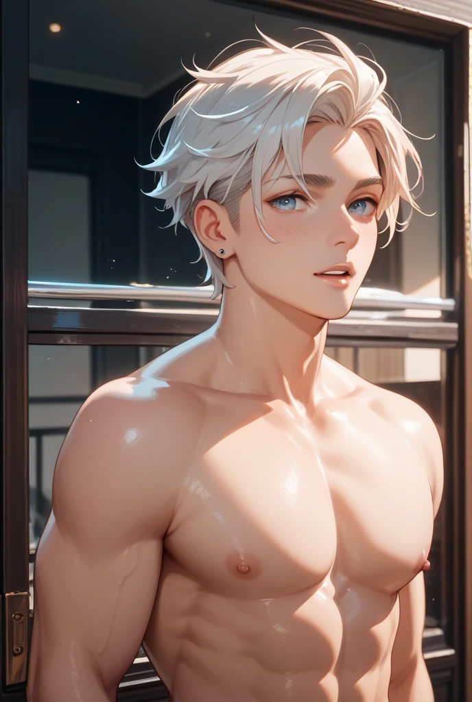 Full body photorealistic 4k, Jack Frost,high resolution, best quality, masterpiece, perfect color, perfect shade, perfect lighting, Posted by e621, ((portrait)), ((Very handsome man)), perfect male figure, Short hair details，chest muscles，abdominal muscles，Nakedness nudeness torso，Detailed face, perfect face, (stood up), Detailed background, ((Bonifasco Lighting)), (delicate eyes),),white hair
