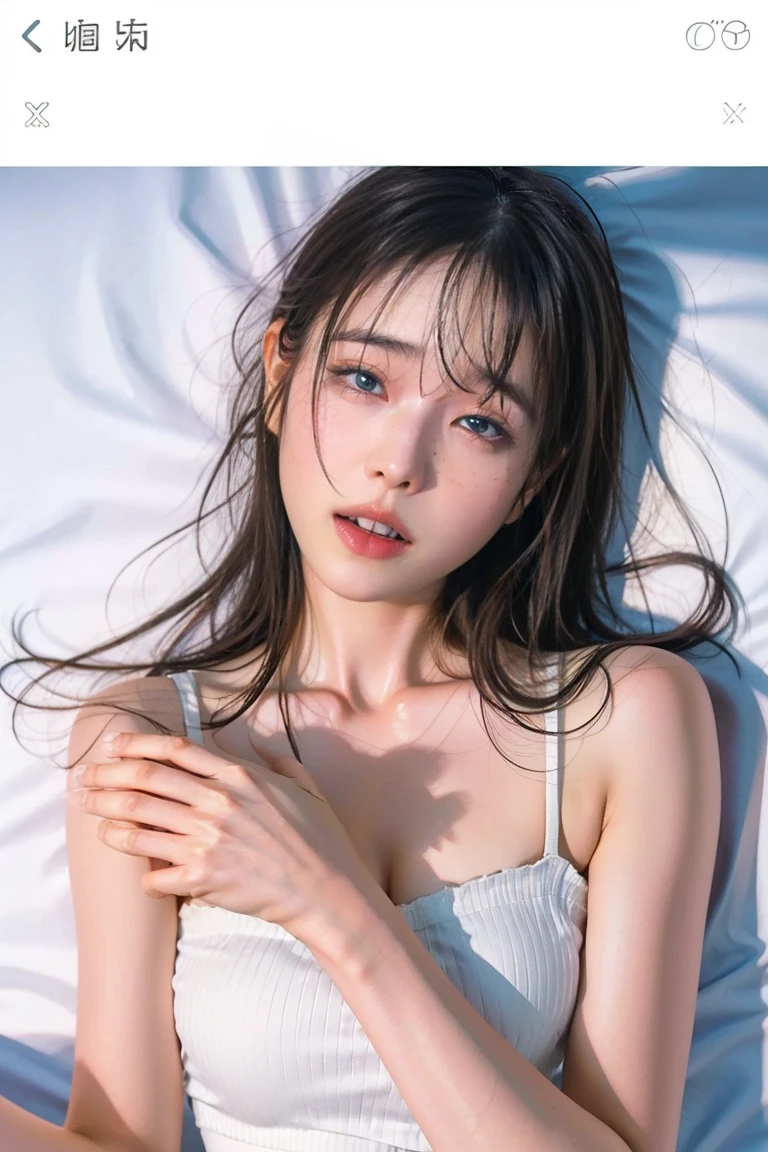 Reality, high resolution, Soft Light,1 Woman,Upper body photo, Solitary, Hip lift, View Viewer, (Delicate face), (delicate skin), short hair, Short braids, lying on the grass, Photographed from bottom to top, Show your upper body, secretary, Black skirt, stockings, plump breasts, Not wearing anything, Focus on your nipples, White skin, Skin is flawless, soft and shiny, sweat, clothes soaked