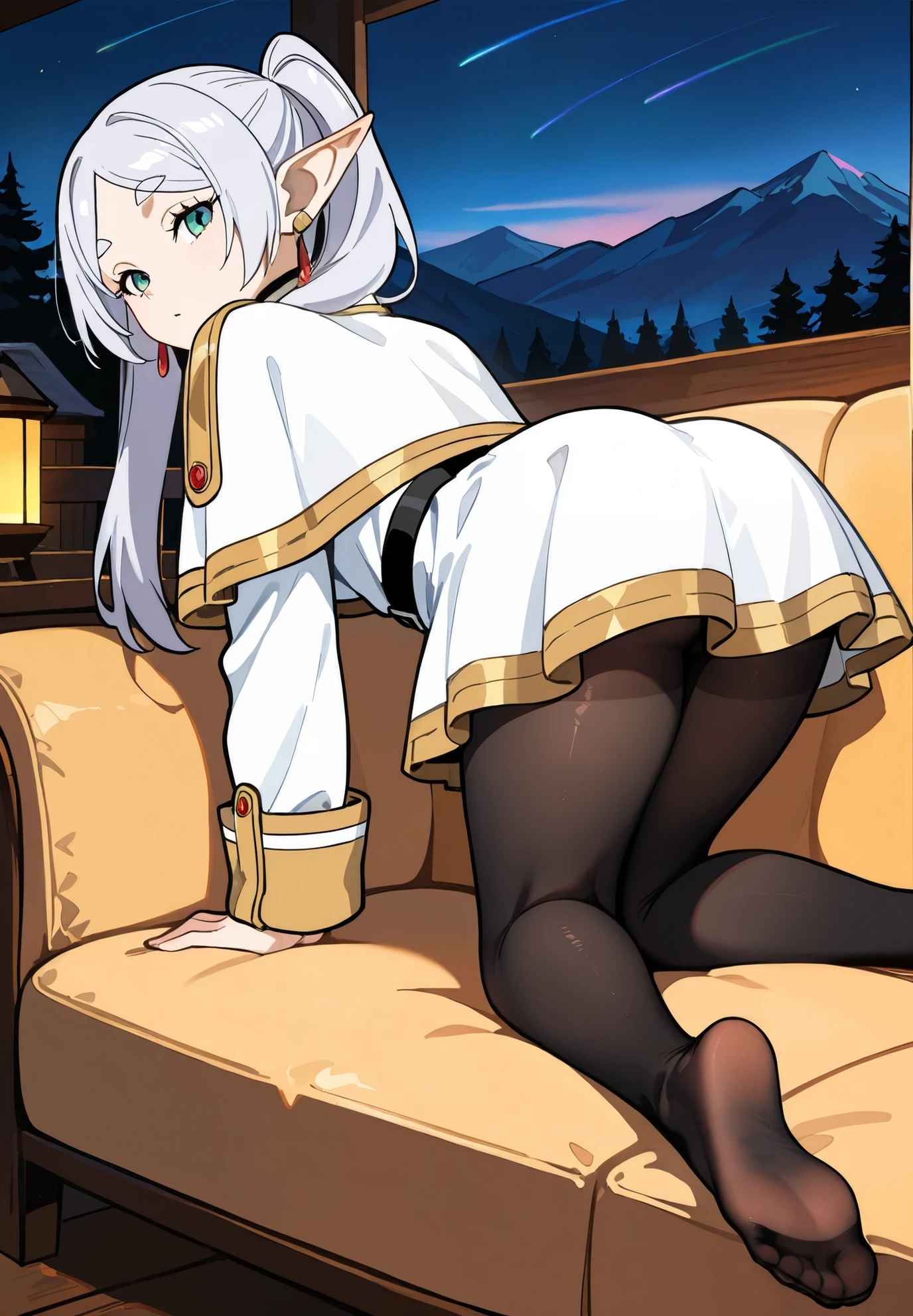 ((highest quality)), ((masterpiece)), ((hyperrealistic)), (detailed background), anime style, solo, shoot from below, 1girl, ((curvy: 1.2)), kawaii, paladin, ((Lamé racing leotard)), ((catsuit leotard)), (paladin armor), (breastplate armored dress), cloak de cour, gauntlet, gloves, white hair, ahoge, (huge breasts), see-through cleavage cutout, (zettai ryouiki black thigh high socks), (black see-through pantyhose thighs), (See-through pantyhose groin area), beautiful eyes, perfect face, Perfect hands, perfect fingers, Blue sky and grassland,