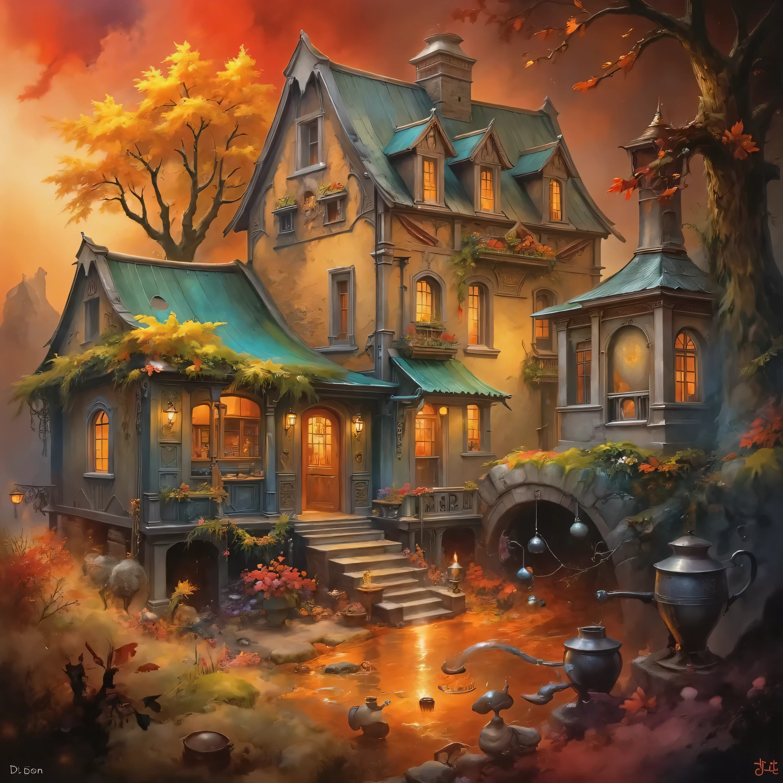 a painting of a house with a pond in front of it, detailed painting 4 k, beautiful art uhd 4 k, a multidimensional cozy tavern, 4k highly detailed digital art, fantasy tavern background, fantasy painting hd, 4k detailed digital art, 8k high quality detailed art, fantasy house, 4k detailed art, 4 k highly detailed art