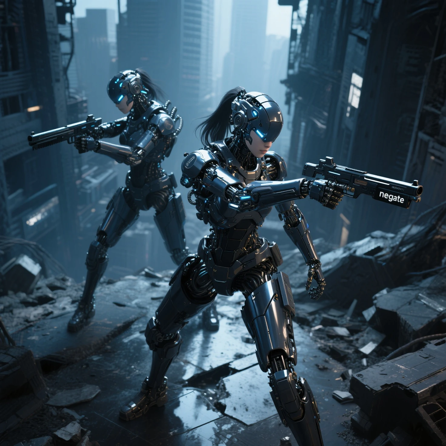 A cyberpunk woman with cybernetic implants, gray alien, abandoned spaceship, detailed technological instruments, dramatic lighting, cinematic composition, muted color palette, sci-fi atmosphere