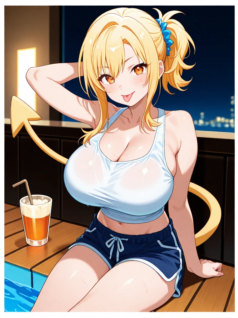((Masterpiece)), perfect anatomy, perfect shading, field of depth, (best quality), extremely delicate and beautiful, perfect lighting, detailed face, ultra cute face, cute, ((1girl)), ((solo))
long fluffy orange hair, green eyes, freckles, ((blush)), nervous, looking at viewer, crop top, shorts, cleavage, small breasts, (((thick thighs))), ((wide hips)), chubby,
intricate background, detailed background, fast food restaurant, holding drink,
