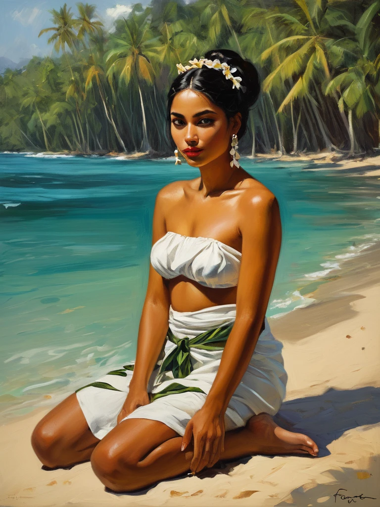 Uma jovem negra, ((mulata)), ((pele escura)) na praia, wearing bikini with flower prints, corpo bonito, ((cena de corpo inteiro)), apenas uma mulher em cena, in front of the camera, she's wearing simple tight clothes, micro bikini, realista, imagem extremamente detalhado, figura extremamente detalhada, ((apenas uma mulher em cena))
