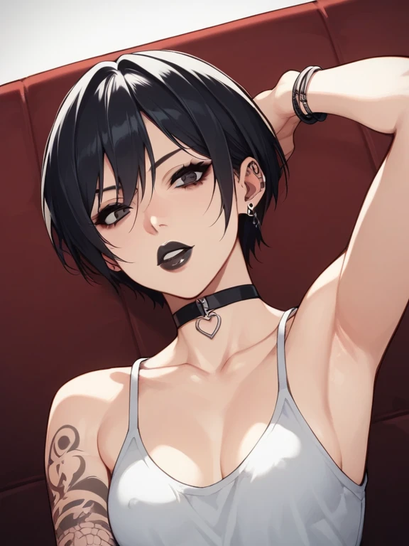 1 girl, milf, Red eyes, very Short hair, hair over one eye, black choker, lipstick, sad, black hair, tomboy Pixie haircut, tomboy Pixie haircut, white bandeau, huge breast, portrait