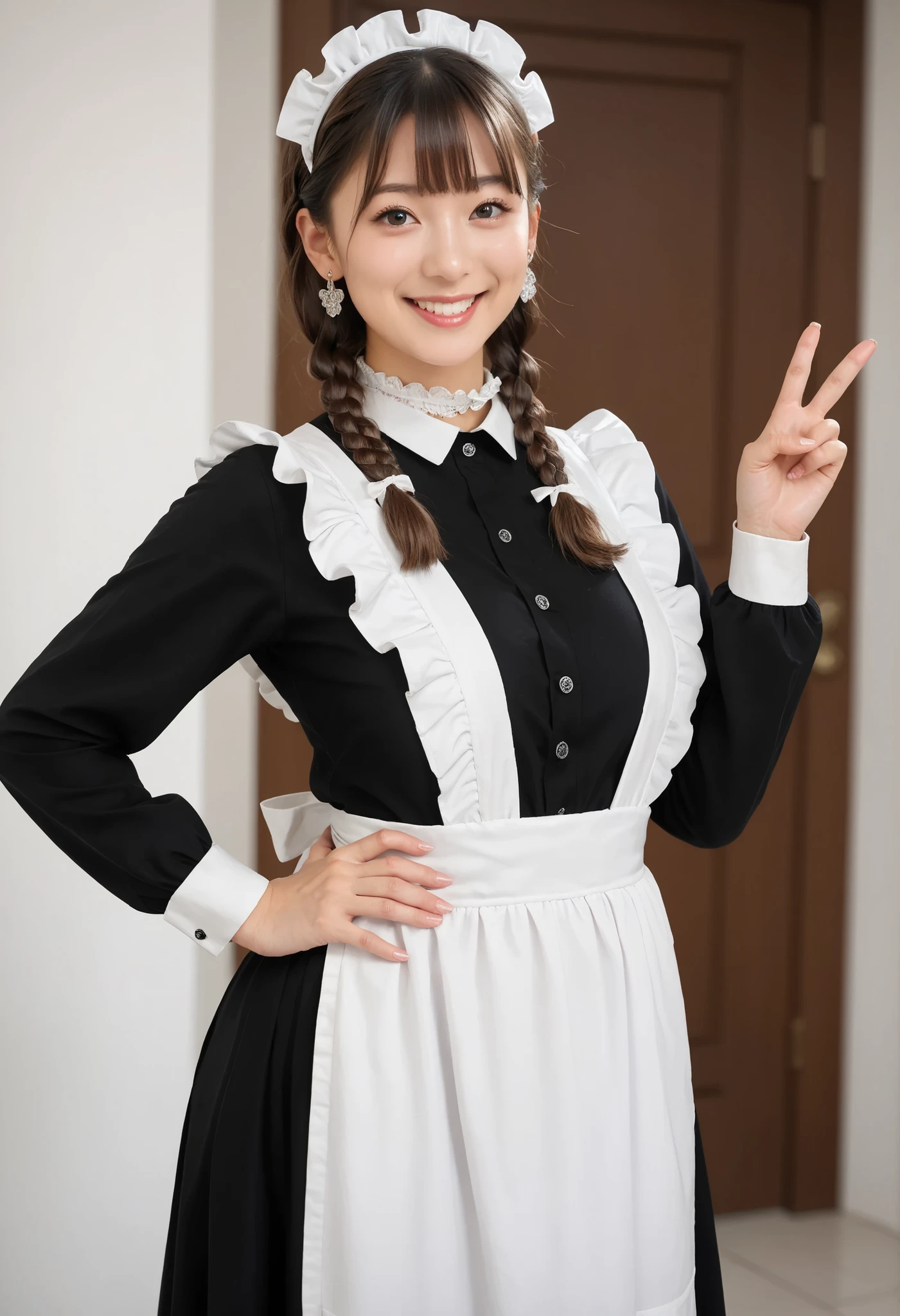 Score_9, Score_8_up, Score_7_up, Score_6_up, Score_5_up, Score_4_up, Source_real, Tag1, Tag2, Anatomically correct, realistic, 1 woman, 22 years old woman, beautiful woman, Highly detailed beautiful face and eyes, Detailed skin, (natural saggy big breast:1.2), big ass, thick thighs, wide hips, curvy, (oiled body:1.1), cute type, smile, (braids hair with bangs), (Cute ocean maid outfit, white maid headdress, black shirt, black skirt, white frill apron, black ruffled choker, earrings), peace fingers, one hand on hip, Summer season atmosphere, Being in the castle,