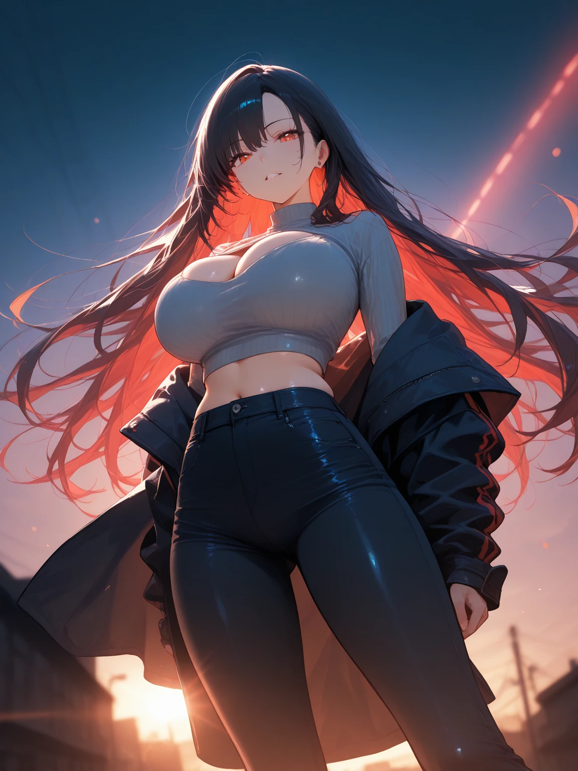 Masterpiece, Best Quality, (perfect anatomy,realist:1.3,from behind, big ass, facial focus,(without looking at the viewer:1.2), (1 girl in:1), 1 woman, (big breasts:1.2), sexy body, thin waist, Attractive front curves, round and soft chest, disgusted face, (black fur:1.6, Waist length hair), evening, Heavy Rain, exterior, City, crop top, (White long sleeve collar shirt:1.4), (ripped shiny black leggings), (torn clothes), blood stains, Dark alley, blood splattered on the floor, bright red light, bright Eyes, depth of field, holding a sword, Red Sky, Atmosphere, perfect hands