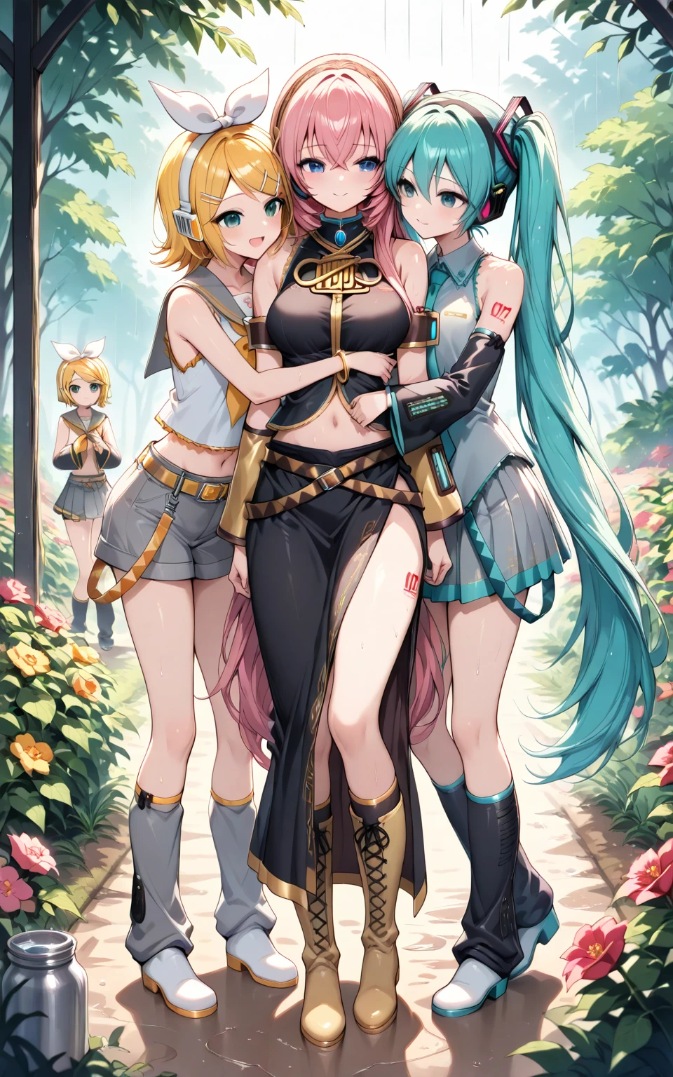 three naked girls, different color hair, all girls with small breasts, detailed ass, ass detail, all girls with demon horns, all girls with stunning eyes, tribal tattoo, all girls wearing boots and socks, Mayan pyramids forest, ultra HD, 8K,