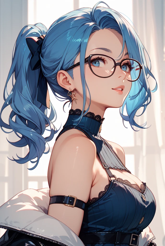 Girl with blue hair, glasses and ponytail hairstyle in black lingerie 