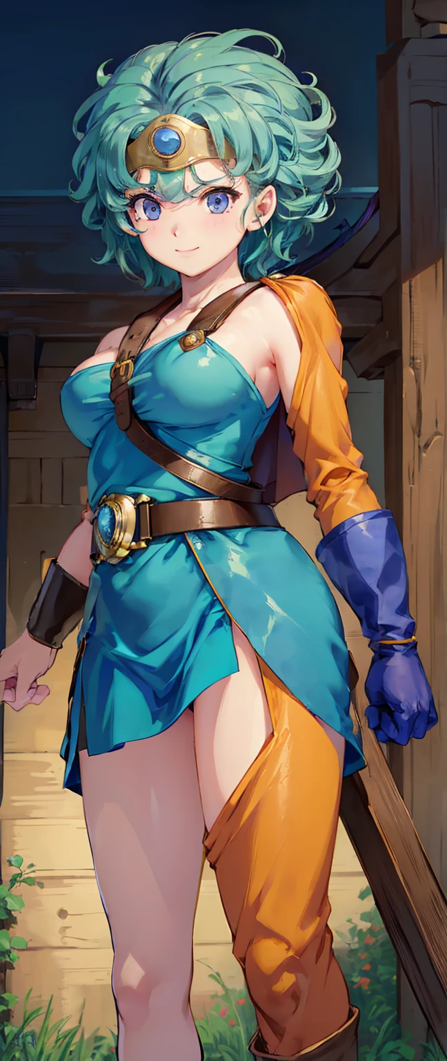(masterpiece, best quality), 1girl, KnightFFT, long hair, blonde hair, blue eyes, cape, YELLOW BIKINI belt, gloves, boots