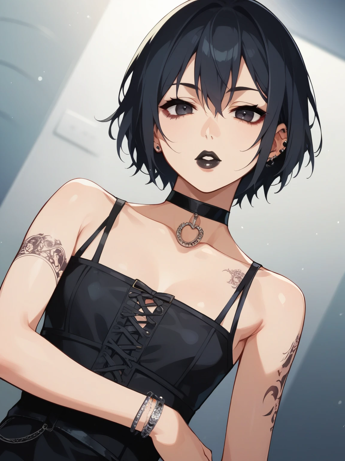 score_9, score_8_up, score_7_up, score_6_up, source_anime, nsfw,age gothic girl、short,Petite,skinny,with dark eyes、black choker、Black lipstick、I had dark eyes、has dark eyes and stands provocatively with a tattoo on one arm,Kyoani Style,glitter,Dynamic angle,angle,at dusk,evening,