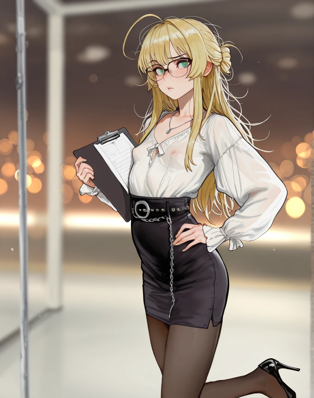 Chica de lentes, con vestido negro, parada con una pose sexy, con senos grandes sacando la lengua en la biblioteca